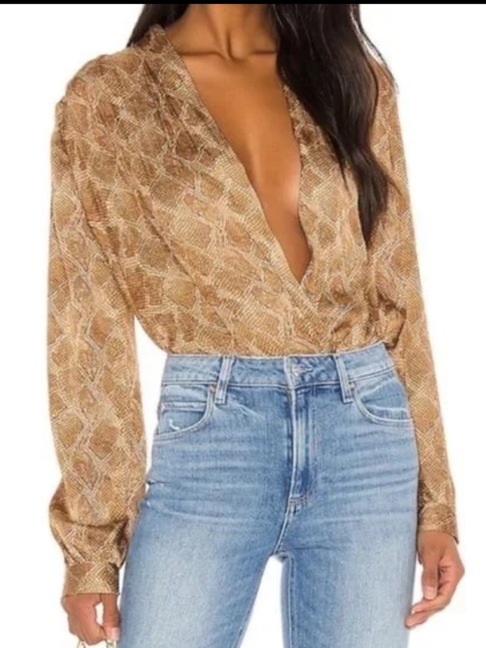 PAIGE Tan Snake-Print Surplice Blouse